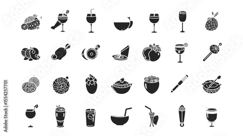 This vector set of hand-drawn icons features illustrations of food, coffee, drink cups, and cake symbols in a black design collection