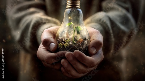 Hands Holding Light Bulb Filled with Soil and Green Plants Symbolizing Growth and Environmental Awareness