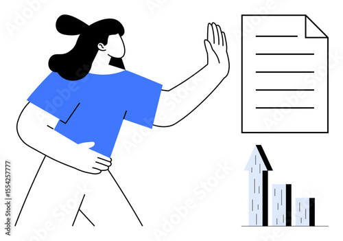 Woman with a hand gesture signaling refusal, document with lines, rising bar graph. Ideal for decision-making, setting boundaries, business process, rejection concept, goal focus, growth strategy
