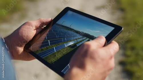 Person Holding Tablet Displaying Solar Panel Field Under Clear Blue Sky in Rural Landscape