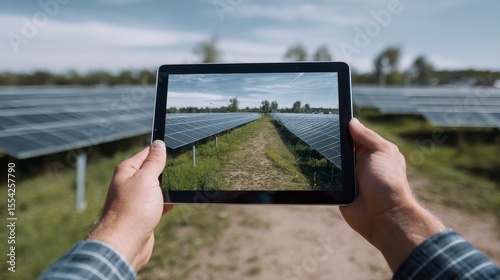 Hands Holding Tablet Displaying Solar Panel Array in Renewable Energy Field Under Clear Sky