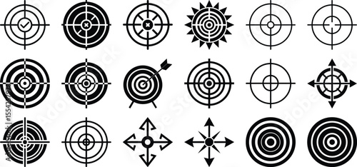 Collection of crosshair and target icons set with bullseye aim arrows direction radar symbol isolated on white