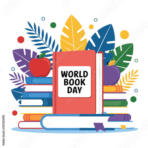 World Book Day Illustration Colorful Books and Leaves with Educational Theme
