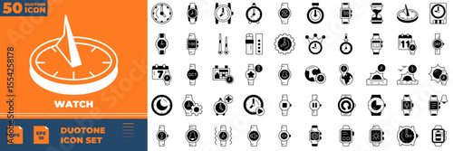 Watch Duotone Editable Icons set. Vector illustration in modern thin duotone style of watch icons: time, clock, calendar, etc