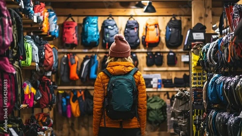 Woman choosing backpack in outdoor gear store