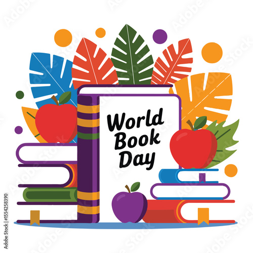 World Book Day Illustration Colorful Books and Leaves with Educational Theme
