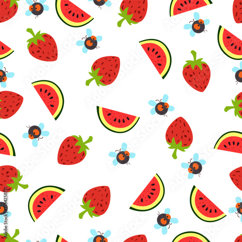 Playful seamless pattern with strawberries, watermelon slices, and cute cartoon bees on a white background. Fresh, fruity, and fun – perfect for summer-themed designs.