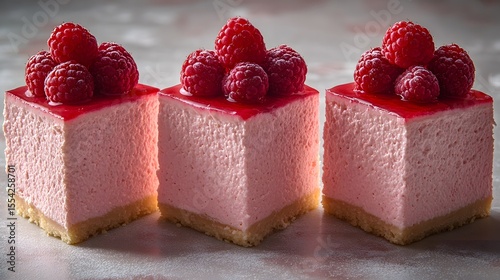 Three pieces of pink raspberry cheesecake topped with fresh raspberries on a textured surface