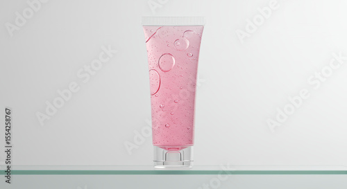 Clear tube mockup with pink gel and bubbles on glass surface