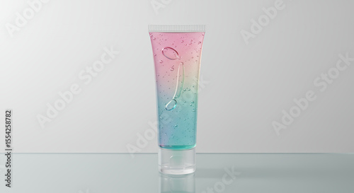 Gradient tube mockup with colorful gel and bubbles on glass surface  