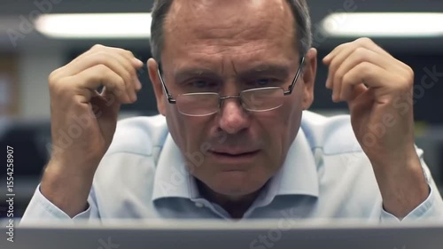 Mature Professional Man with Glasses Intensely Concentrating on Screen in Office Setting