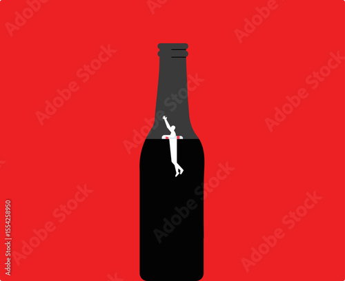 A man drowning in alcohol bottle illustration