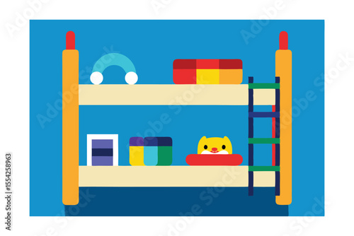 Cartoon Bunk Bed with Toys on Top Shelf