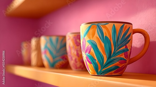 Colorful mugs with leaf patterns displayed on wooden shelves against a pink wall
