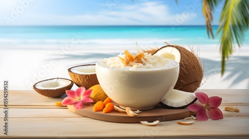 Coconut Rice Pudding with Fresh Flowers and Fruits on a Beach Background