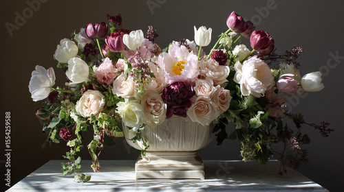 Elegant English garden bouquets in vintage vases, adorned with peonies, tulips and roses and other flowers, displayed in manor garden with dappled light and timeless floral grace