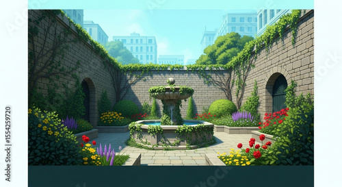 Serene City Courtyard  Fountain, Flowers, and Tranquil Escape