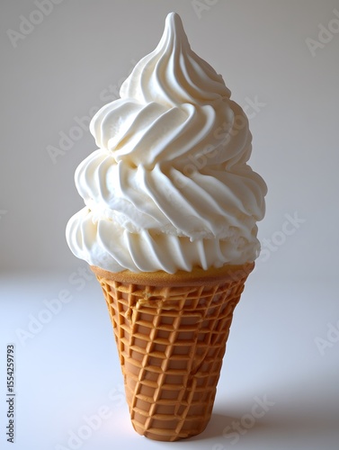A swirl of soft-serve ice cream in a waffle cone against a neutral background