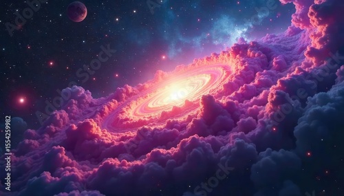 A breathtaking panoramic view of a vibrant nebula, swirling gases, and distant galaxies Perfect for science fiction, astronomy, or space exploration projects , cosmic rays, stars, galaxy