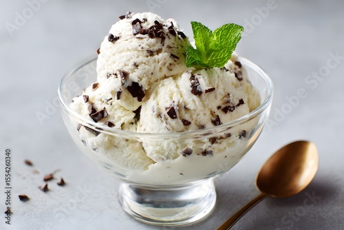 Creamy vanilla ice cream with chocolate chunks and mint garnish served in a glass bowl