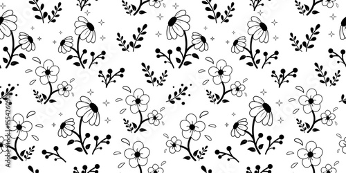 White Flowers with Black Buds Pattern
