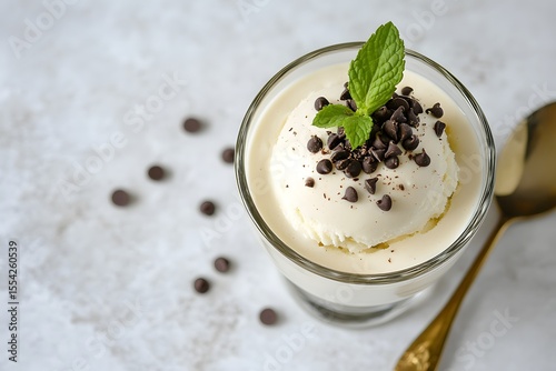 Gelato with Chocolate Chips and Mint Garnish in a Glass Cup