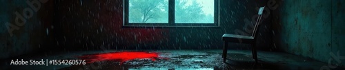 A dimly lit room, rain lashing against the window, a single overturned chair near a pool of crimson, suggesting a struggle and a violent end , fatality, clue