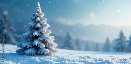 A frosted Christmas tree stands stark against a snowy landscape, its branches laden with ice crystals, capturing the essence of a frigid winter wonderland , december, majestic