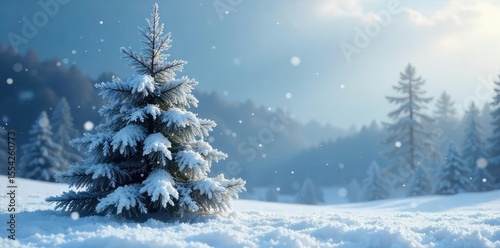 A frosted Christmas tree stands stark against a snowy landscape, its branches laden with ice crystals, capturing the essence of a frigid winter wonderland , frosty, branches, sparkling