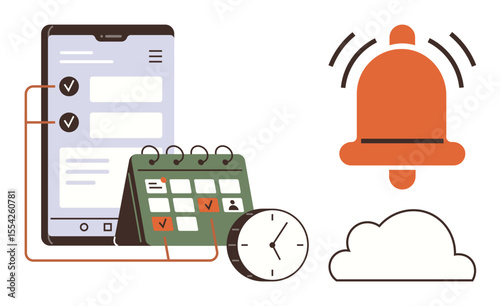 Smartphone displaying tasks, calendar with checkmarks, clock symbolizing scheduling, notification bell, and cloud represents organization. Ideal for productivity, time management, deadlines