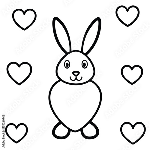 Cute outline bunny surrounded by hearts on a white background