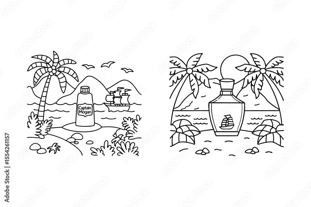 Fototapeta premium Tropical Skincare Bottle Line Art – Beach Cosmetic Scene with Palm Trees and Sea
