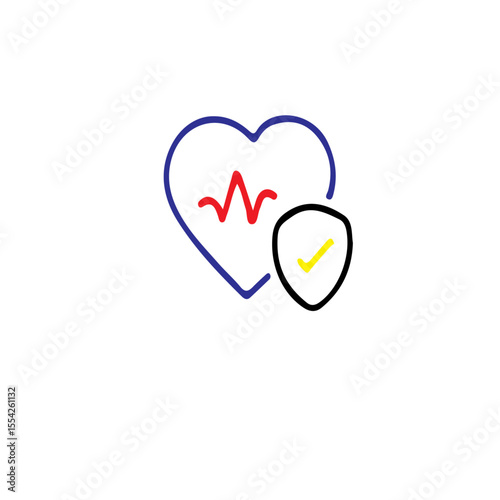 Heart with ekg line and shield icon on a white background
