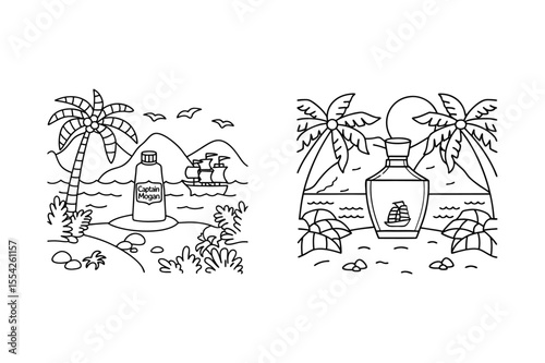 Tropical Skincare Bottle Line Art – Beach Cosmetic Scene with Palm Trees and Sea