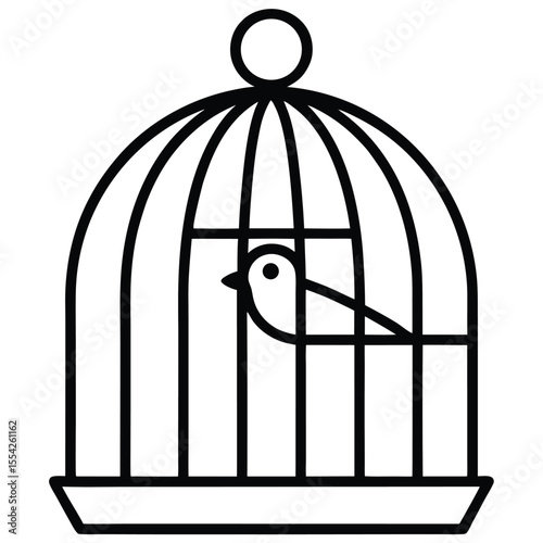Simple black and white line drawing of a small bird inside a cage