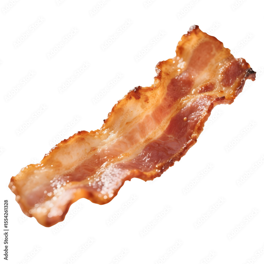 Obraz premium Crispy bacon strip isolated on transparent background with rendered fat