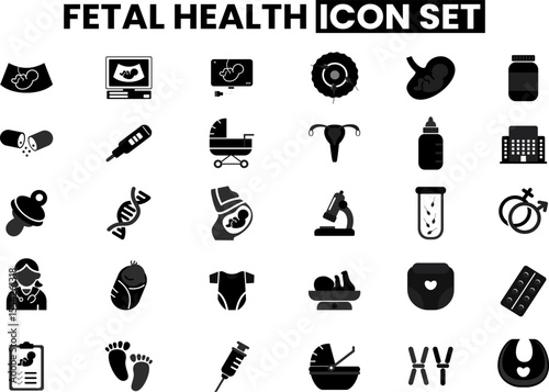 Medical set black icon of baby equipment for fetus and ultrasound shows anatomical organs from inside the mother's womb containing the fetus.