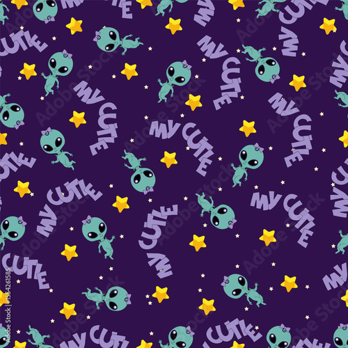 WebCute seamless pattern with cartoon aliens wearing bows, yellow stars, and the phrase "MY CUTE" on a dark purple background. Playful and fun design for kids or space-themed items.