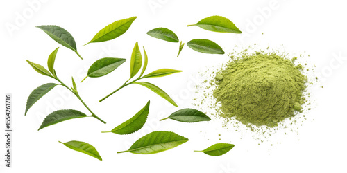 Matcha Powder and Leaves Composition Isolated on Transparent Background, Green Tea, Herbal, Powdered Tea, Green Tea, Matcha, Herbal
