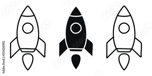 Rocket Launch startup web Icons: Set of three rocket icons in black and white, simple vector illustration on white, symbolizing space exploration, startup success, and technological advancement.