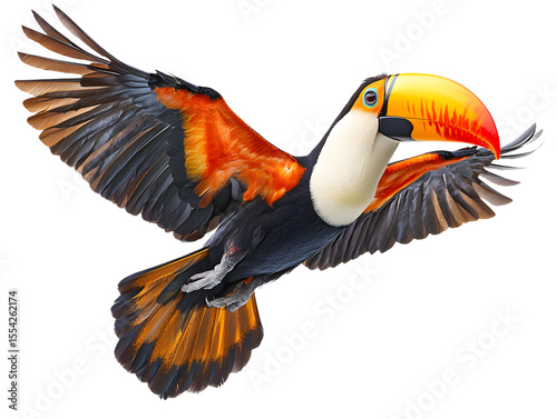A toucan in flight, showcasing vibrant plumage.