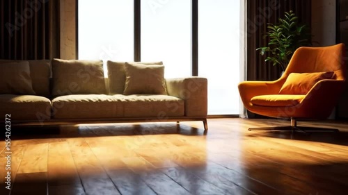 Bright Modern Living Room Interior with Sunlight on Polished Hardwood Floor and Comfortable Furniture