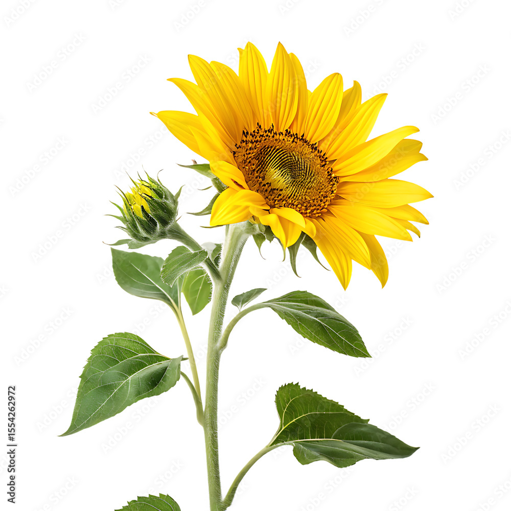 A single yellow sunflower blossom with small green leaves on the stem isolated on a transparent background png A single yellow sunflower blossom with small green leaves on the stem isolated on a transparent background png