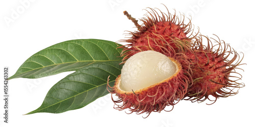 Rambutan Fruit with Leaves, Isolated on Transparent Background, Nephelium lappaceum, Tropical Fruit, Rambutan, Fruit, Food