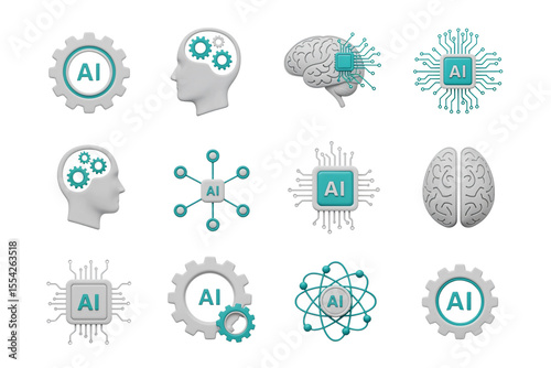 A collection of twelve 3d rendered ai icons isolated on transparent background, showcasing various representations of artificial intelligence such as brains, circuits, and gears