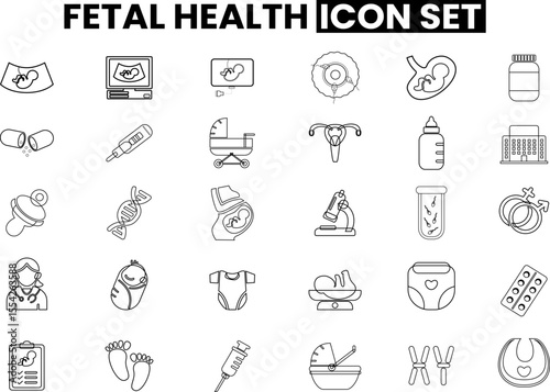 Medical set line icon of baby equipment for fetus and ultrasound shows anatomical organs from inside the mother's womb containing the fetus.