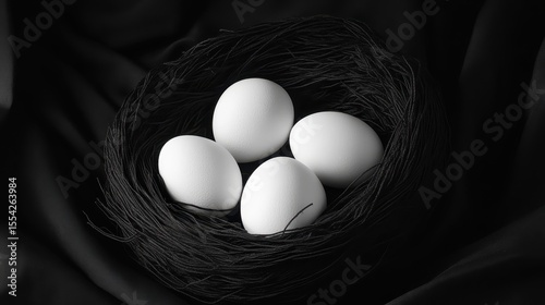 monochrome still life white and cream eggs in black fabric nest.