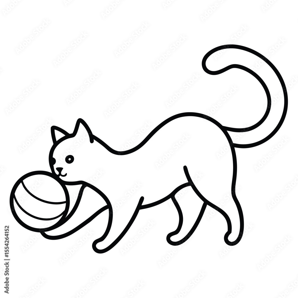 Fototapeta premium Cute cartoon black and white cat playing with a striped ball