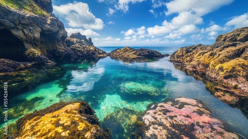 vibrant coastal tide pools with colorful rocks and clear water.