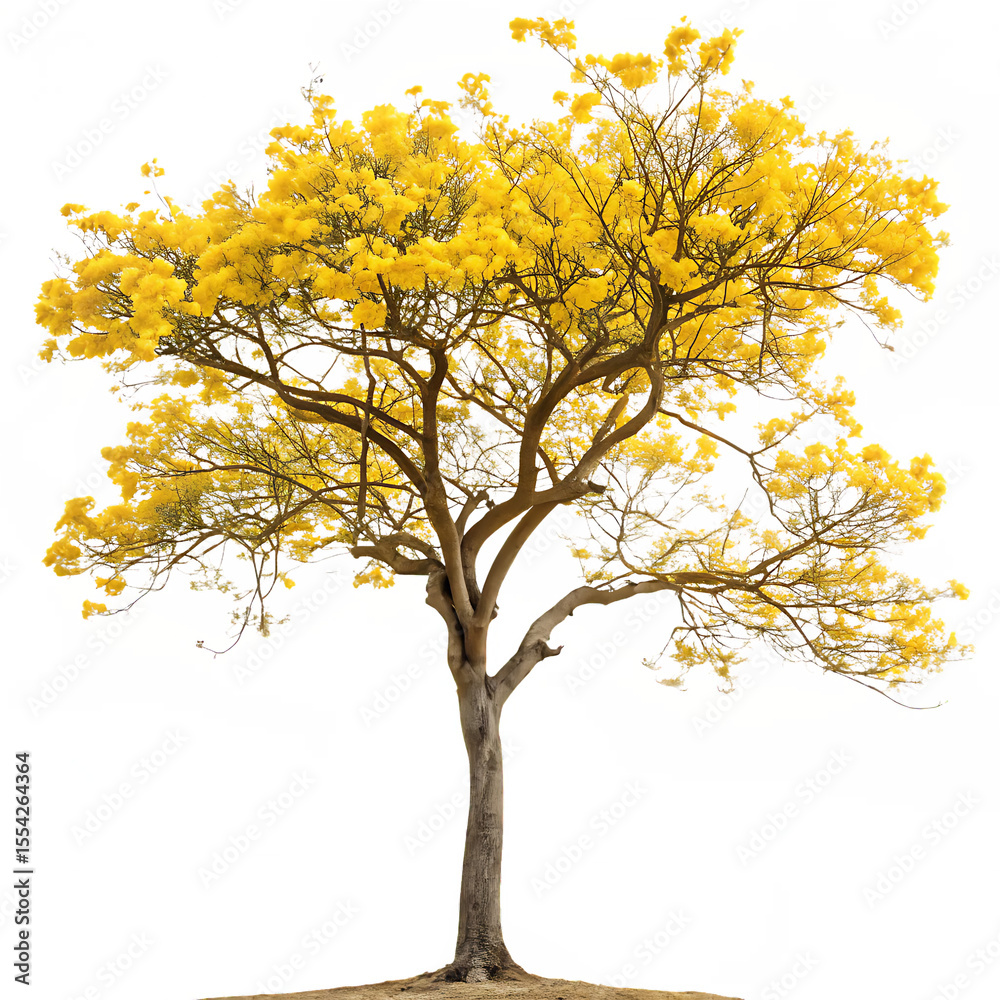 Obraz premium A single tree blooming with beautiful golden trumpet flowers (Tabebuia aurea) in spring isolated on a transparent background png